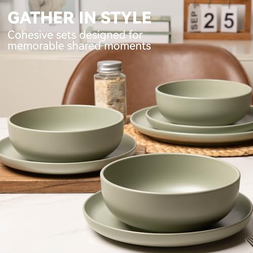 12-Piece Stoneware Dinnerware Set with Mugs | Microwave and Dishwasher Friendly | Stackable Matte Glaze Plates & Bowls | Service for 3 (Green for 3) - color: Green for 3