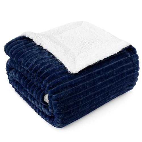 PAVILIA Navy Sherpa Fleece Throw Blanket for Couch Twin, Soft Plush Fuzzy Blankets, Fluffy Flannel Sherpa Blanket for Bed, Warm 3D Ribbed Winter Blanket Gift, 60x80 inches - color: Navy Blue, size: 60 x 80 Inches - Twin