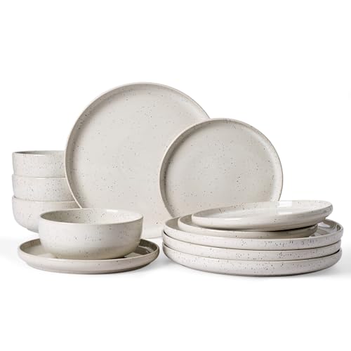 Famiware Meteor 12-Piece Stoneware Dinnerware Set, Creamy White | Plates and Bowls for 4, Reactive Glaze with Speckles & Circles, Microwave/Dishwasher Safe, Chip/Scratch Resistant - color: Creamy White, size: Service for 4 (Standard Dinner Set)