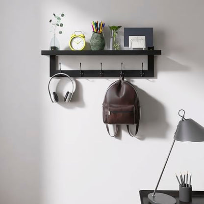 SMIBUY Coat Hooks with Shelf Wall-Mounted, 29.2 Inch Entryway Coat Rack for Wall, Bamboo Hanging Shelf with 5 Double Metal Hooks for Bathroom, Bedroom, Kitchen, Living Room, Mudroom (Black) - color: Black