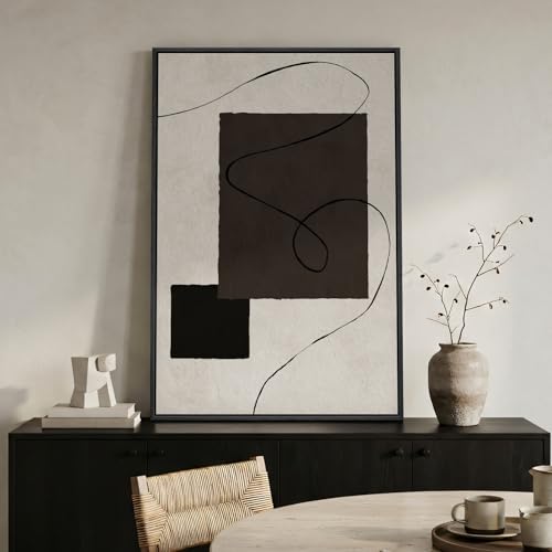 Framed Modern Black and White Neutral Abstract Wall Art, Contemporary Minimalist Beige Canvas Prints, Black Brown Geometric Block Pictures for Living Room Bedroom Dining Entryway Wall Decor 24x36 In - color: Black White Block B
