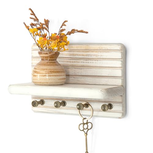 Rebee Vision Key Holder Wall Mount for Home Decor, Distressed White | Pine Wood Key Holder for Wall, 4 Key Hooks, Mini Display Ledge, Mail Organizer, Rustic Home Accent, Compact Apartment Storage - color: Whitewash, size: Small-7inch