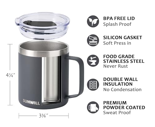 SUNWILL Travel Coffee Mug with Lid, Insulated Tumbler with Handle, 14 oz Stainless Steel Cup for Home, Office, Camping, Powder Coated Charcoal - color: Powder Coated Charcoal