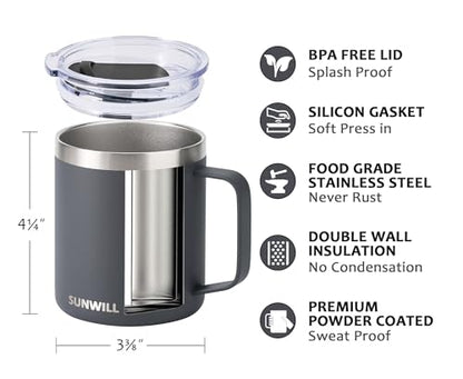 SUNWILL Travel Coffee Mug with Lid, Insulated Tumbler with Handle, 14 oz Stainless Steel Cup for Home, Office, Camping, Powder Coated Charcoal - color: Powder Coated Charcoal