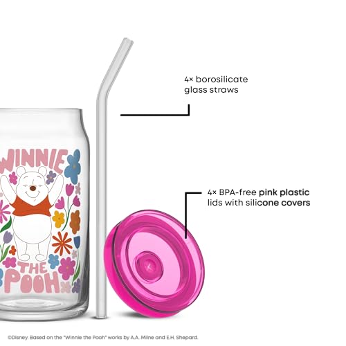 JoyJolt Disney Winnie the Pooh & Friends Flower Power Glass Tumblers with Lids and Straws, 16oz Glass Cups with Lids and Straws, Can Shaped Drinking Glasses Set of 4, Disney Gifts for Adults - style: Winnie the Pooh
