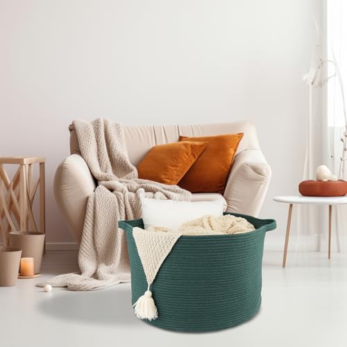 XUANGUO Extra Large Cotton Rope Round Storage Basket 22" x 14" Dark Green | Woven basket for blankets, toys, towels, laundry, nursery, living room and pet toy storage. - color: dark green