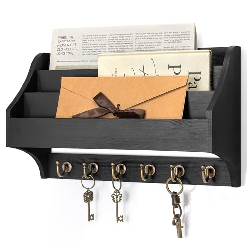 Rebee Vision Mail Organizer Wall Mounted with 6 Key Hooks, Black | Pine Wood, Key Holder Wall Mount, Hanging Mail Holder for Wall, 3-Tier Letter Slots, key Hanger, Apartment Rustic Aesthetic - color: Black