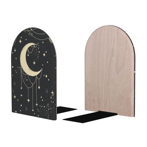 Boho Moon Wood Bookends Stands Decorative Non-Slip Book Organizers | for Home Office Desk Library School Study 1 Pair - color: Sbl-006