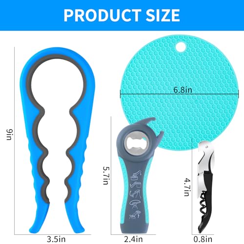 Bloss Jar Opener Can Opener Kitchen Grippers, Multi-use Lid Opener Set | Anti-skid Jar Openers for Weak hands, Seniors with Arthritis, Includes Non-slip Rubber Gripper Pad & Wine Opener, Blue - color: Blue-4pcs