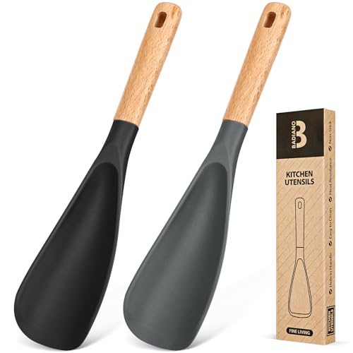 Cooking Spoon for Nonstick Cookwares, Great for Cooking and Serving Sturdy BPA-Free Matte Silicone, Wood Handle Spoon for Mixing, Scoop, and Scrape (Black & Grey, 11.4 inch) - color: Black & Grey, size: 11.4 inch