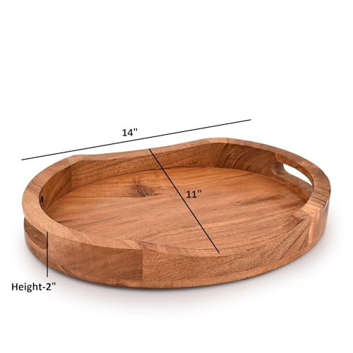 Tray Acacia Wood Oval Large Tray with Handle Food Serving Trays for Living Room Home Dining Table (14" X 11" X 2")