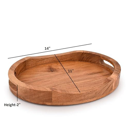 Tray Acacia Wood Oval Large Tray with Handle Food Serving Trays for Living Room Home Dining Table (14" X 11" X 2")