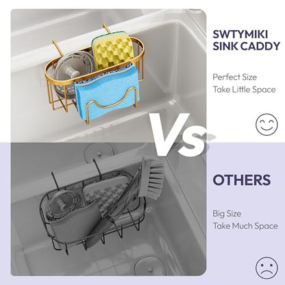 SWTYMIKI Sponge Holder for Kitchen Sink - Movable Kitchen Sink Caddy with M Shape Hook, Stainless Steel Hanging Sponge Caddy for Dish Sponge, Brush, Stopper Organizer in Double Sink, Gold - color: Gold-regular