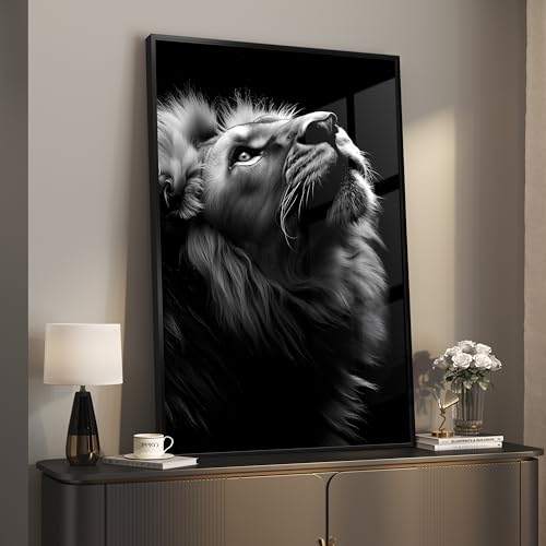 Framed Black and Gray Modern Wall Art, Contemporary Animal Portrait Prints Paintings Artwork for Walls, Minimalist Masculine Lion Pictures for Living Room Dining Bedroom Hallway Wall Decor 24x36 In - color: Black and Grey
