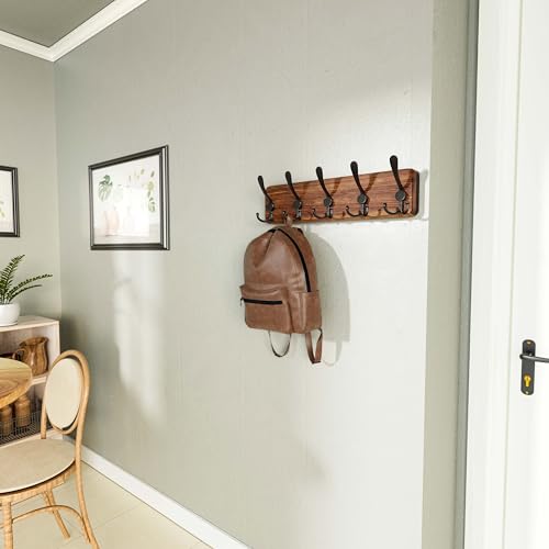 SKOLOO Rustic Coat Rack Wall Mount, 16" Stud Spacing, Solid Wood, Brown | Farmhouse style, 5 Triple Hooks, 100lbs capacity, for backpack jacket coat hat, wall mount, hardware included,rustproof hooks - color: Brown Plate & Black Hook, size: 1 Item-5 Hooks
