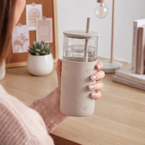 SANDJEST Glass Water Bottle with Silicone Sleeve 20oz, Glass Tumbler with Straw and Lid, Smoothie and Iced Coffee Cup, Pawprint Gifts for Women Teen Girls Birthday Christmas - color: Pawprint