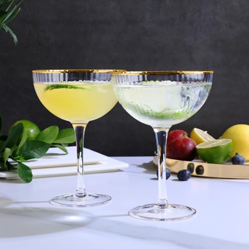 Royalrose Premium Cheerfull 10.7 oz Gold Rim Coupe Glasses Set of 4 | Vintage Gold Rim, Hand-Blown Fine Fluted Glass – Elegant Barware for Cocktails, Parties & Home Entertaining