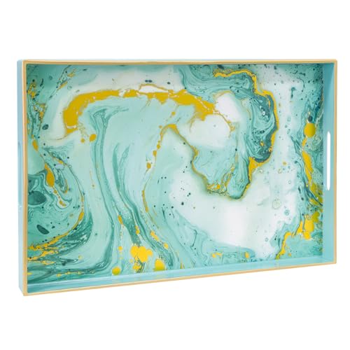 Turquoise Serving Tray with Handles, Plastic Decorative Tray | Green Coffee Table Tray, Rectangle Marbling Sticker Tray, Modern Melamine Tray for Ottoman, Storage, 15.7"L x 10.2"W x 1.57"H - color: Rectangular - Turquoise, size: 15.7" x 10.2" x 1.6"