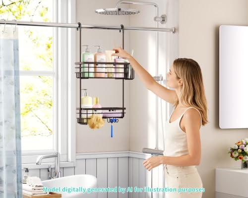HapiRm Hanging Shower Caddy Organizer - No Drilling Shower Shelves with Hooks and Toothbrush Holder, Rustproof 304 Stainless Steel Bathroom Organizer - Bronze - color: Bronze