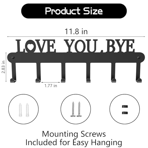 Key Holder for Wall - 'Love You Bye' Key Hooks, Black, 6 Hooks | Key Holder Wall Mount Self Adhesive, Key Rack Wall Mount for Wall No Drill for Living Room, Kitchen, Bathroom, Garage - color: Love You Bye' Black