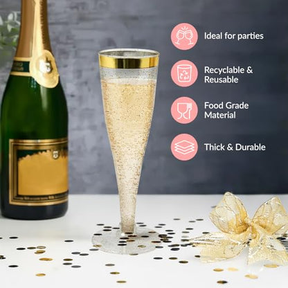 Prestee 48 Disposable Plastic Champagne Flutes With Gold Rim Glitter - Clear Toasting Glasses for Mimosa, New Year’s Eve Party, and Elegant Celebrations - Premium Quality Disposable Stemware - color: Gold Rimmed, size: 48 Count (Pack of 1)