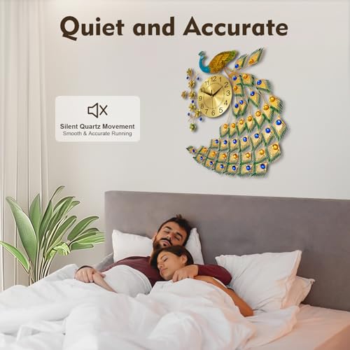 Large Peacock Wall Clock, 29.5" Luxury 3D Wall Clock Non-Ticking Silent Gold Metal Decorative Wall Clock Art Digital Wall Decor for Living Room Bedroom Office - size: 25.59*29.53in