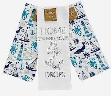 Summer Kitchen Dish Towel Set: Two Lighthouse Ocean Life Design, One Home is Where Your Anchor Drops Set of 3 (Coastal) - color: Coastal Anchor
