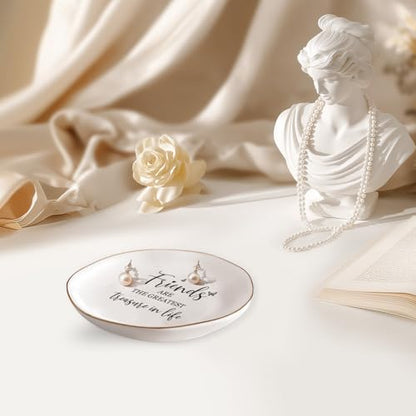 Friend Birthday Gifts for Women – Ceramics Jewelry Tray | Friends are The Greatest Treasure in Life – Friendship Gifts for Women, Friend Gift – Ceramic Ring Dish - color: Gold edging circle