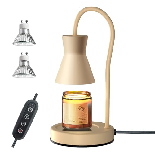 LALISU Candle Warmer Lamp with Timer and Dimmer, Vintage Electric Candle Melter with 2 Bulbs, Melter Scented Candle Height Adjustable Compatible with Jar Candles, House Warming Gifts (Beige) - color: Beige