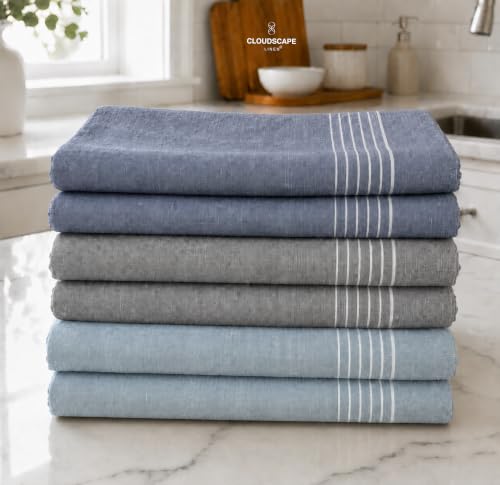 CSL Kitchen Towels Cotton, Pack of 6, Absorbent Dish Towel, 18x28 -AIG | Soft and Lint-free, Dries Quickly Without Streaking, Doubles as a Washcloth, Hanging Loop, Great for Wrapping and Covering - color: Coastal Blues & Grey, size: 6 Pack
