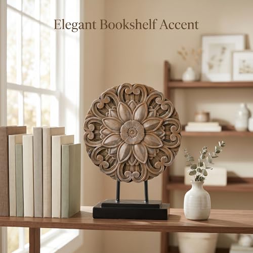 Brown Farmhouse Table top Sculpture Above Cabinet Decor Kitchen, Boho Carving Knick Knacks Shelf Decor Accent, Round Statue for Credenza Bookshelf Rustic Shabby Chic Center Pieces Decoration