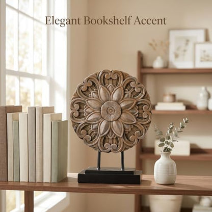 Brown Farmhouse Table top Sculpture Above Cabinet Decor Kitchen, Boho Carving Knick Knacks Shelf Decor Accent, Round Statue for Credenza Bookshelf Rustic Shabby Chic Center Pieces Decoration