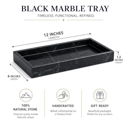 Real Natural Marble & Travertine Vanity Tray, Genuine Marble Serving Tray - color: Black Marble