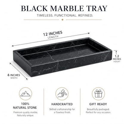 Real Natural Marble & Travertine Vanity Tray, Genuine Marble Serving Tray - color: Black Marble