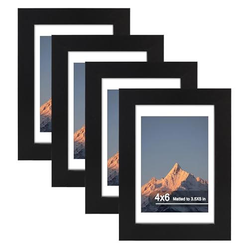 4x6 Picture Frame Set of 4 with Real Glass, Wall & Tabletop Display | Fits 3.5x5 with Mat or 4x6 without Mat, Crystal-Clear Viewing for Family Photos and Gallery Walls, Black - color: Black, size: 4x6 in