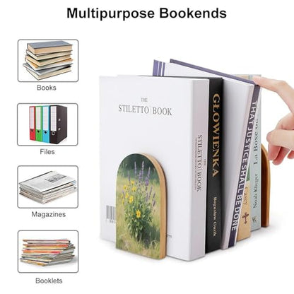 Personalized Wood Book Ends Metal Base Wildflower Bouquet Art Printing Bookend Modern Heavy Duty Bookends for Home Or Office 1 Pair - color: Wildflower Bouquet Art