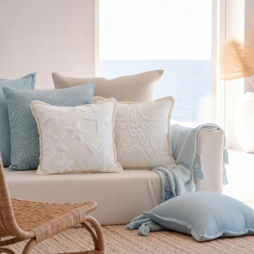 2 Pcs Starfish Pillow Covers 18 x 18 Inch Beige Coastal Beach Pillowcase | Embroidered, Soft Plush, Boho Summer Nautical Couch Cushion Case for Summer Chair Sofa Bedroom Living Room