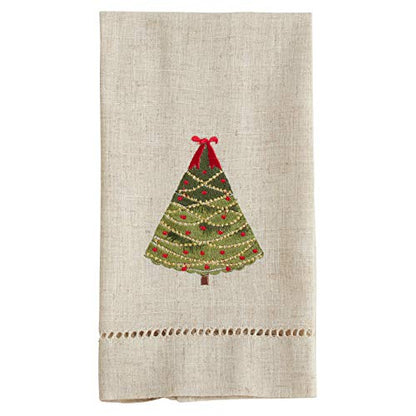 Saro Lifestyle Embroidered and Hemstitched Ribbon Christmas Tree Guest Towel (Set of 4), Natural, 14"x22" - color: Ribbon Christmas Tree