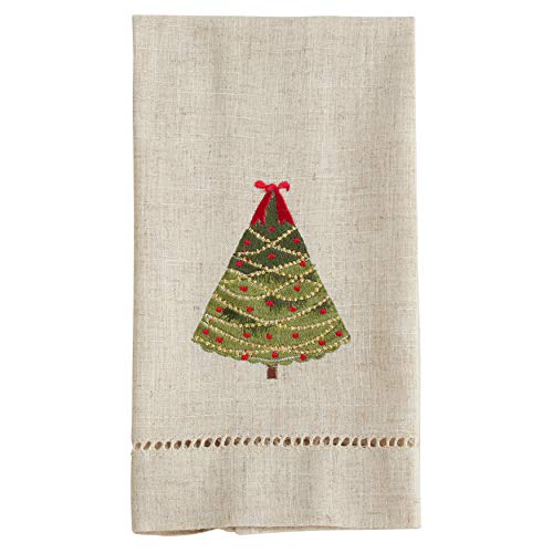 Saro Lifestyle Embroidered and Hemstitched Ribbon Christmas Tree Guest Towel (Set of 4), Natural, 14"x22" - color: Ribbon Christmas Tree