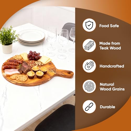 Teak Cutting Board 15.75x11.8x0.7" Round Wooden Cutting Board with Handle