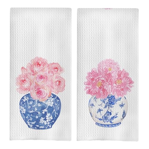Blue and White Kitchen Towels Set - Chinoiserie Waffle Dish Towels for Kitchen Decor, Blue and White Pottery Tea Towels, Chinoiserie Hand Towel, Grand Millenial Decor (16 X 24 Inch Set of 2) - color: Chinoiserie-1