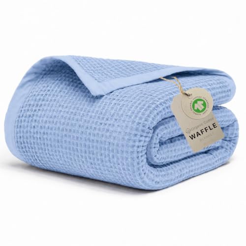 GOTS Certified 90"X90" Queen 100% Organic Cotton Waffle Blanket-Powder Blue | Premium Waffle Blankets & Throws for Bed, Throw Blanket for Couch, Modern & Cozy Blanket, All Season, Comfy and Soft Blankets - color: Powder Blue, size: Organic Cotton - Queen