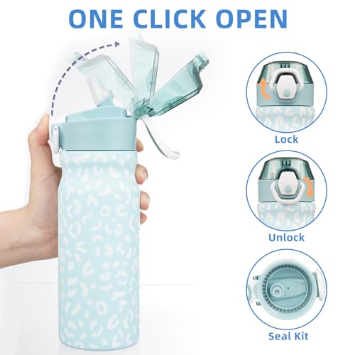 BJPKPK 18 oz Water Bottle with Straw & Handle, Insulated Stainless Flask | Leak Proof Locking Lid, Thermal, Double Wall Vacuum, Metal, Keeps Hot/Cold, BPA Free, Travel & Sports, Light Blue Leopard - color: A-Light Blue Leopard, size: 18 Ounces