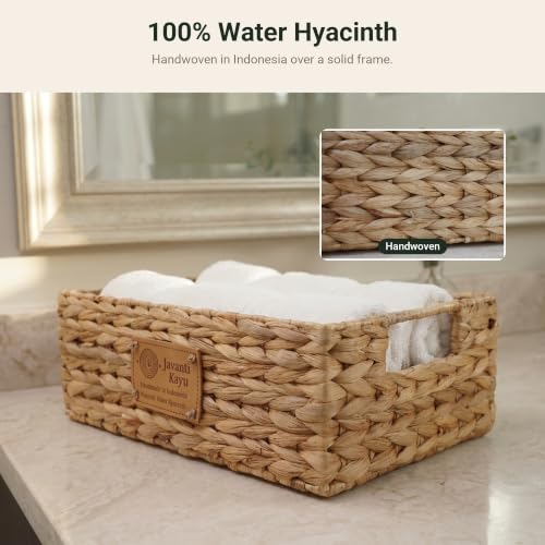 Handmade Water Hyacinth Wicker Storage Basket with Handles – Rectangle Organizer Bin for Shelves, Blanket, Bathroom, Closet – Stackable – Decorative & Durable (1, S: 12" x 8" x 4") - size: S: 12" x 8" x 4"