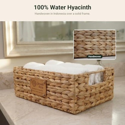 Handmade Water Hyacinth Wicker Storage Basket with Handles – Rectangle Organizer Bin for Shelves, Blanket, Bathroom, Closet – Stackable – Decorative & Durable (1, S: 12" x 8" x 4") - size: S: 12" x 8" x 4"