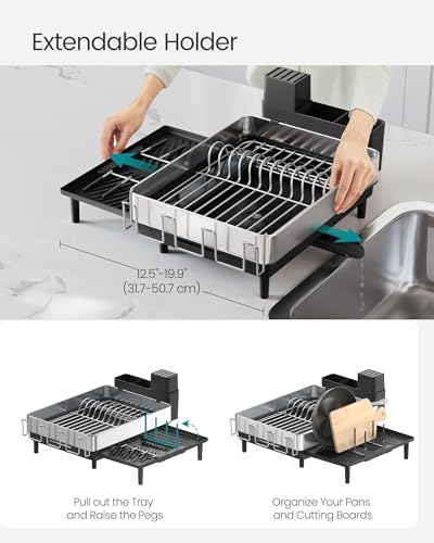 SONGMICS Large Dish Drying Rack, Expandable Dish Dryer for Kitchen Counter, Stainless Steel Dish Rack with Rotatable Spout, Utensil, Cup, Glass, Cutting Board, Pan Holders, Silver and Black UKCS037B01 - color: Silver + Black, size: 19.9"D x 19.1"W x 8.9"H