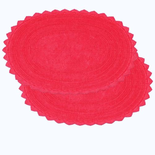 Royal Blaze Crochet Bath Rug 100% Cotton Reversible, 2 Pcs18”x26” Red Oval Bath Mat, Reversible Plush Tufted Loop Design with Decorative Edges, Thick Bathroom Rug - color: Bright Red, size: 18"x26" + 18"x26" Oval