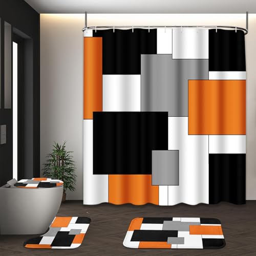 Bathroom Sets with Shower Curtain and Rugs, 4 Pcs, Geometric | Checkered Modern Abstract Orange Bathroom Decor Set with Toilet Lid Cover, Non-Slip Bath Mats and Accessories 12 Hooks - color: Abstract Geometric Orange