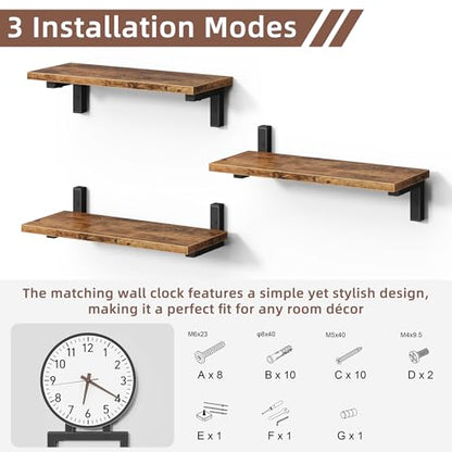 Floating Wall Shelves Set of 3 with Clock, 15 Inch | Wood Shelves, Rustic Finish, Wall Mounted, Storage Display, Farmhouse Style, Living Room, Bedroom, Bathroom, Kitchen