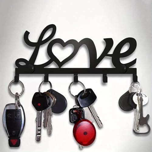 Metal Key Holder Wall Mount with Decorative Hooks, Iron Wall Key Rack Organizer for Entryway, Hallway or Kitchen, Rustic Black Metal Wall Decor Key Hanger with Multiple Hooks - style: LOVE